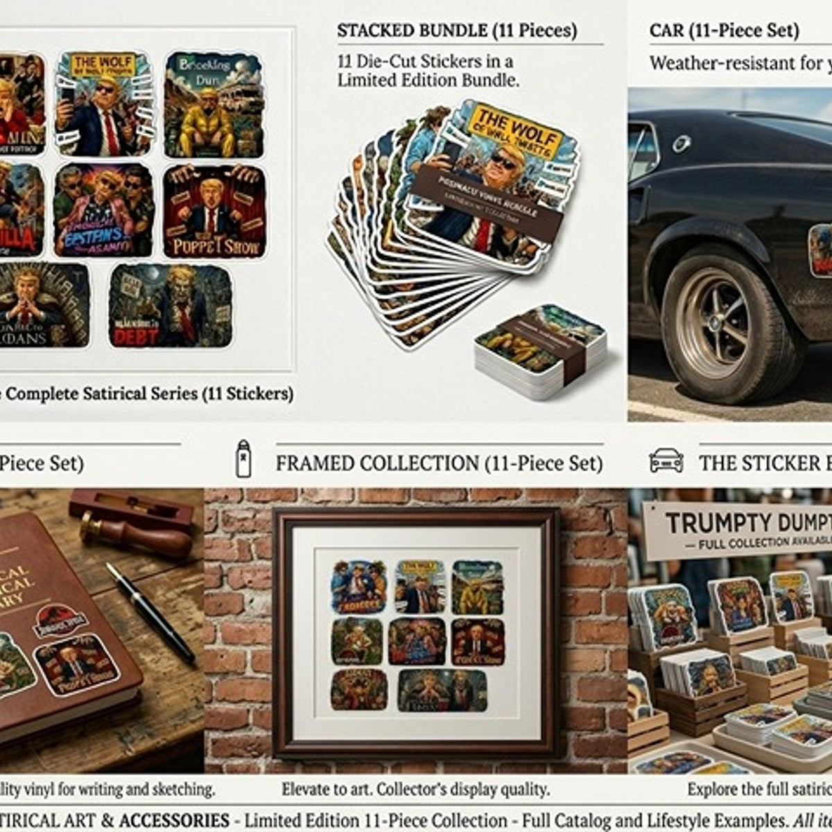 Funny Political Meme Sticker Pack (11 Designs) – Glossy 2” Stickers – Dark Humor
