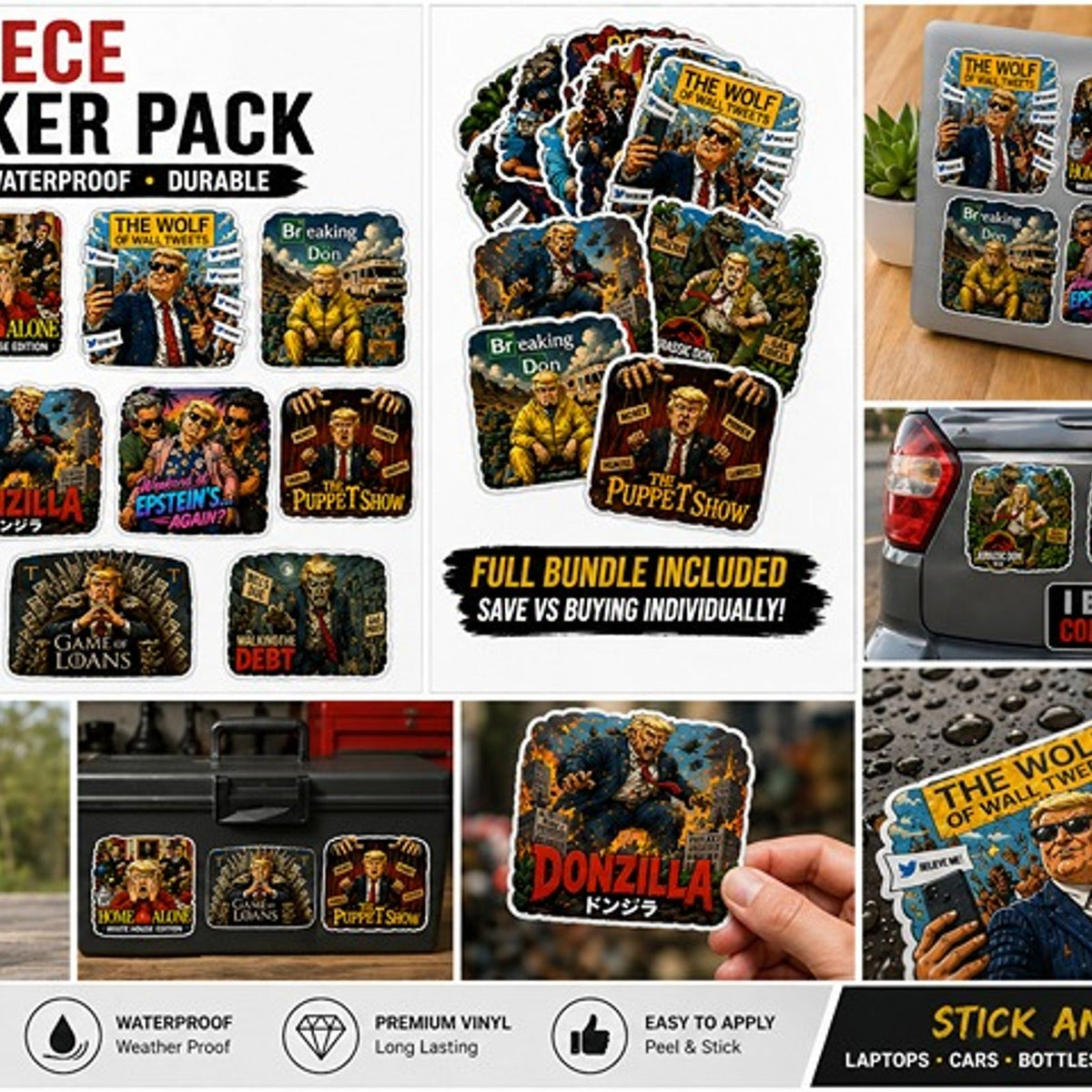 Funny Political Meme Sticker Pack (11 Designs) – Glossy 2” Stickers – Dark Humor