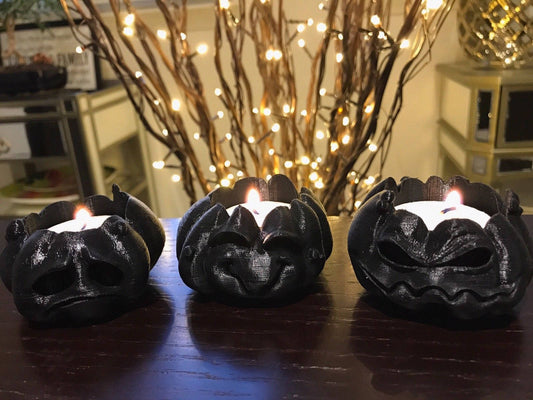 Scary Halloween Tea Candle Pumpkins - Candles Includes, Mad, Sad & Happy