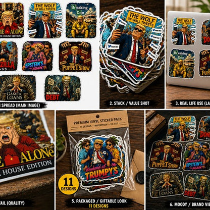 Funny Political Meme Sticker Pack (11 Designs) – Glossy 2” Stickers – Dark Humor