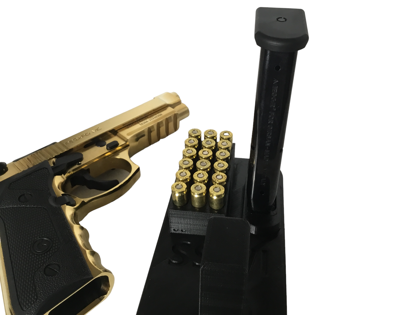 9mm Gun, Bullets and Magazine Display Stand - Any Color, Handgun Clip Holder