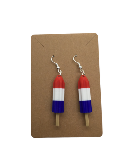 Patriotic Red White Blue Firecracker Popsicle Earrings 925 Sterling Silver Hooks