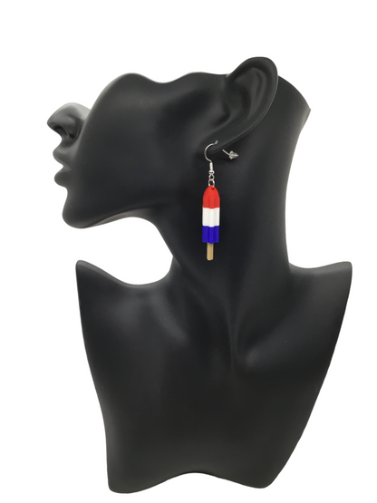 Patriotic Red White Blue Firecracker Popsicle Earrings 925 Sterling Silver Hooks
