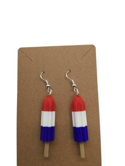 Patriotic Red White Blue Firecracker Popsicle Earrings 925 Sterling Silver Hooks